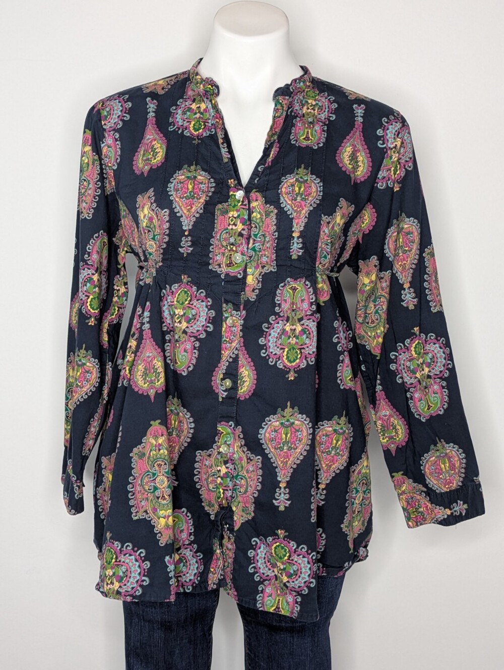 Vintage Citicraze Blue Pink Geometric Kaleidoscope Tie Waist Button Up Top L